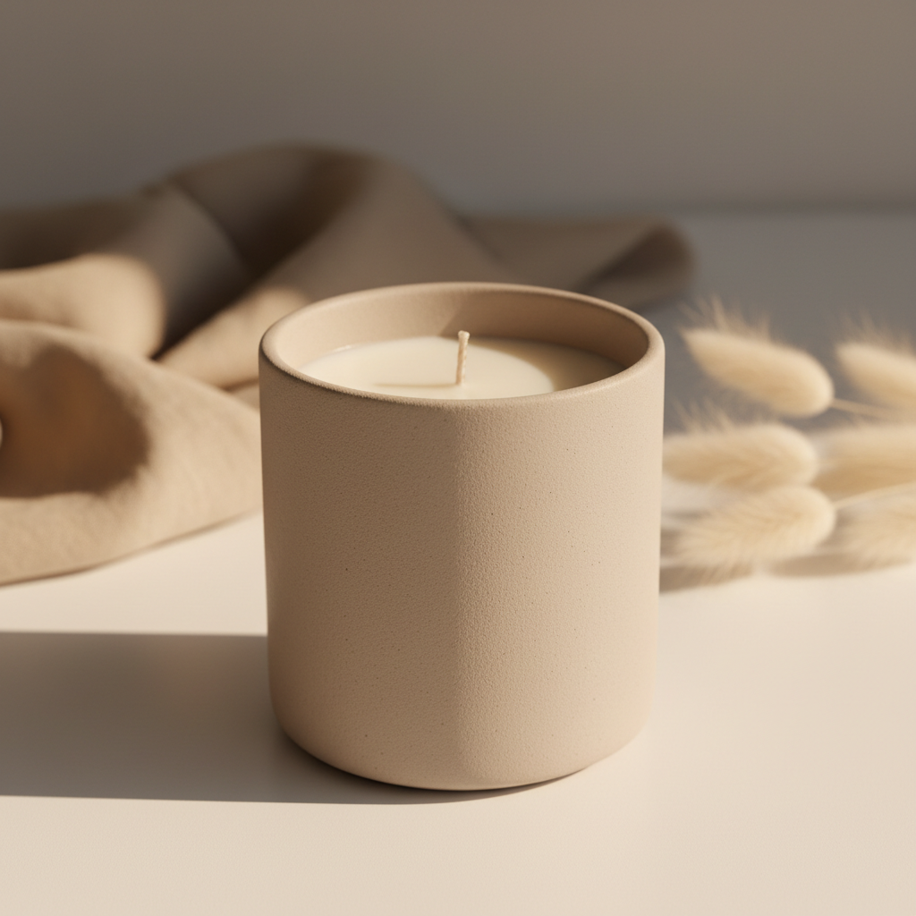 Vela aromática de soja minimalista en tono beige